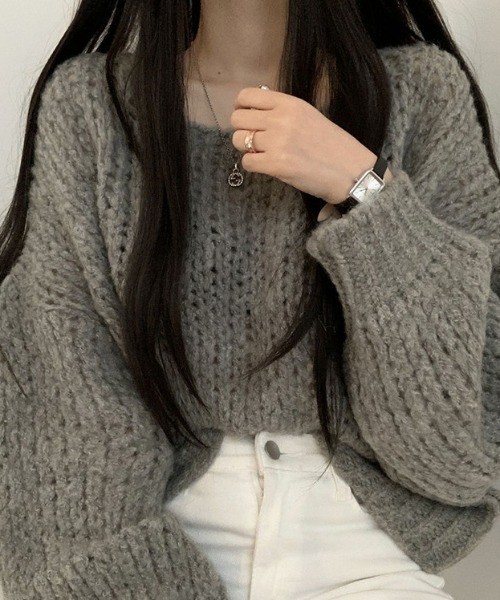 cammie(キャミー)の「透かし編みボリュームスリーブニット(ニット/セーター・レディース・モカ/オフホワイト/グレー・F)」の9枚目の写真