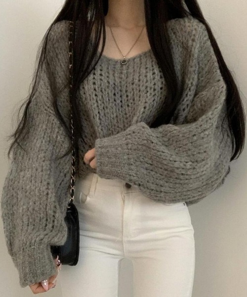cammie(キャミー)の「透かし編みボリュームスリーブニット(ニット/セーター・レディース・モカ/オフホワイト/グレー・F)」の8枚目の写真