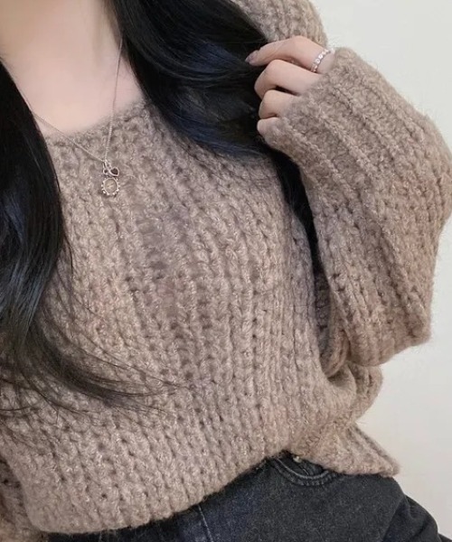 cammie(キャミー)の「透かし編みボリュームスリーブニット(ニット/セーター・レディース・モカ/オフホワイト/グレー・F)」の12枚目の写真