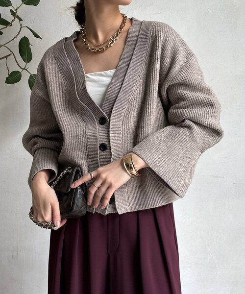 DouDou（ドゥドゥ）の「【WEB限定】レイヤードリブVネックカーディガン（カーディガン/ボレロ・レディース・ベージュ/グレー/ブラック・FREE）」の3枚目の写真