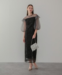 【LEJA】フラワースパンコールシアーフリルスリーブIラインワンピースドレス美脚効果結婚式 パーティードレス 成人式 二次会 同窓会 お呼ばれ オケージョン 20代 30代