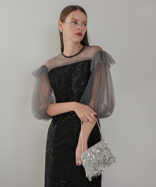 LEJA】フラワースパンコールシアーフリルスリーブIラインワンピース