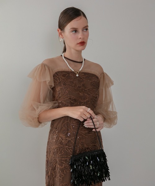 【LEJA】フラワースパンコールシアーフリルIラインワンピース結婚式 ドレス S セール】【LEJA】フラワースパンコールシアーフリルIラインワンピース