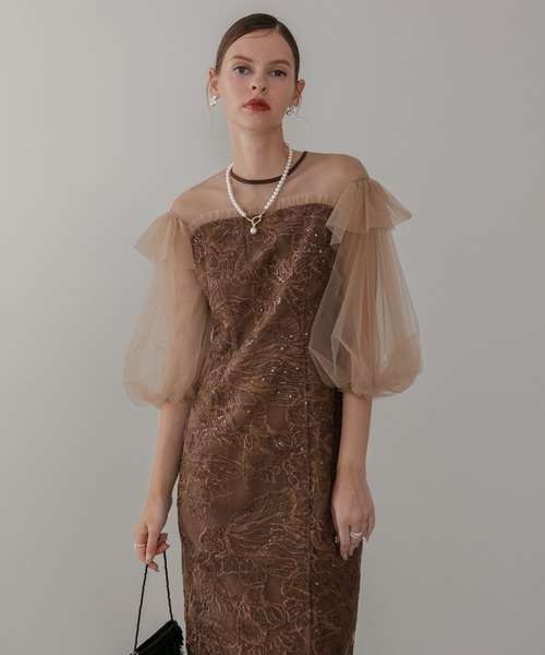 Leja(レジャ)の「【LEJA】フラワースパンコールシアーフリルスリーブIラインワンピースドレス美脚効果結婚式 パーティードレス 成人式 二次会 同窓会 お呼ばれ オケージョン 20代 30代(ドレス・レディース・ブラウン/ブラック・SMALL/MEDIUM)」の6枚目の写真