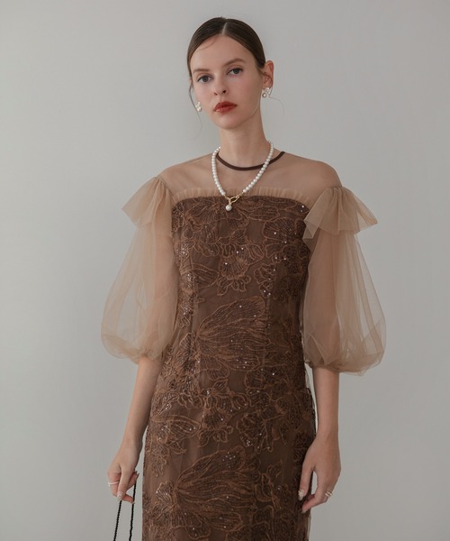 LEJA フラワースパンコールシアーフリルスリーブIラインワンピースドレス S LEJA】フラワースパンコールシアーフリルスリーブIラインワンピース