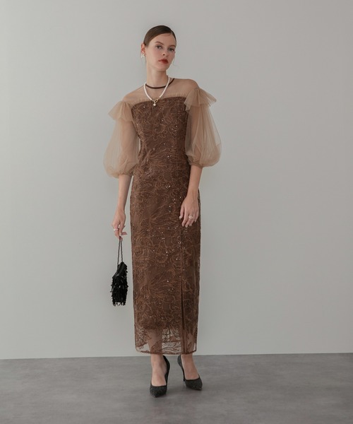 LEJA】フラワースパンコールシアーフリルスリーブIラインワンピース