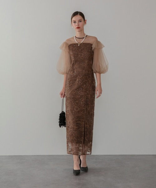 【LEJA】チュールロングスリーブリーフ　ラインドレスワンピース　ブラウン セール】【LEJA】フラワースパンコールシアーフリルスリーブIライン