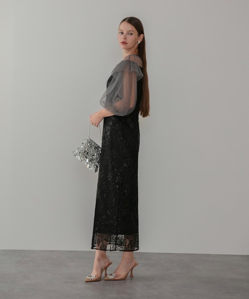 LEJA】フラワースパンコールシアーフリルスリーブIラインワンピース