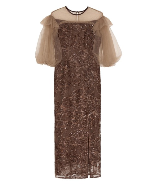 LEJA】フラワースパンコールシアーフリルスリーブIラインワンピース