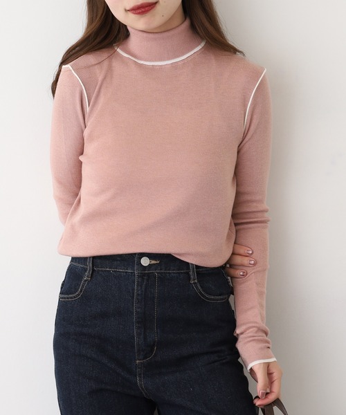 EGLANTINE(エグランティーヌ)の「EGLANTINE ウール混バイカラーラインハイネックニット(ニット/セーター・レディース・チャコールグレー/ブラウン/ライトグリーン/グレイッシュベージュ/ベビーピンク・40)」の5枚目の写真