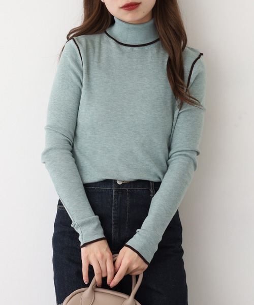 EGLANTINE(エグランティーヌ)の「EGLANTINE ウール混バイカラーラインハイネックニット(ニット/セーター・レディース・チャコールグレー/ブラウン/ライトグリーン/グレイッシュベージュ/ベビーピンク・40)」の1枚目の写真