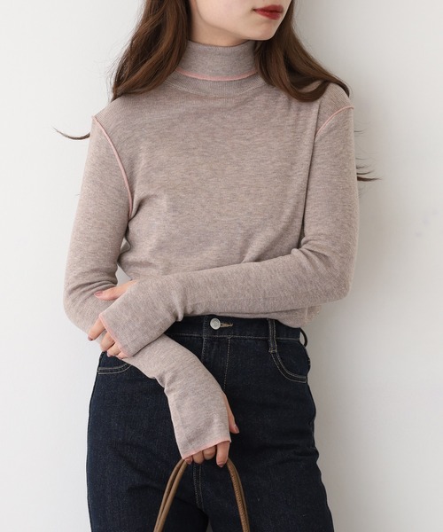 EGLANTINE(エグランティーヌ)の「EGLANTINE ウール混バイカラーラインハイネックニット(ニット/セーター・レディース・チャコールグレー/ブラウン/ライトグリーン/グレイッシュベージュ/ベビーピンク・40)」の22枚目の写真