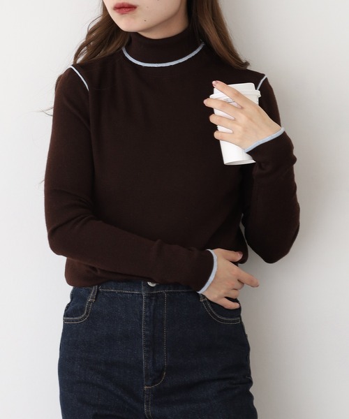 EGLANTINE(エグランティーヌ)の「EGLANTINE ウール混バイカラーラインハイネックニット(ニット/セーター・レディース・チャコールグレー/ブラウン/ライトグリーン/グレイッシュベージュ/ベビーピンク・40)」の19枚目の写真