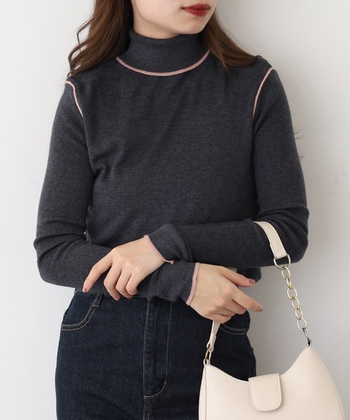EGLANTINE(エグランティーヌ)の「EGLANTINE ウール混バイカラーラインハイネックニット(ニット/セーター・レディース・チャコールグレー/ブラウン/ライトグリーン/グレイッシュベージュ/ベビーピンク・40)」の14枚目の写真