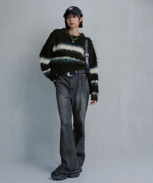 PAGEBOY（ページボーイ）の「シャギーマルチボーダーショートプルオーバー（ニット/セーター・レディース・グレー/ブラック/ブラウン・FREE）」の5枚目の写真