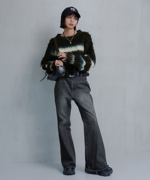 PAGEBOY（ページボーイ）の「シャギーマルチボーダーショートプルオーバー（ニット/セーター・レディース・グレー/ブラック/ブラウン・FREE）」の6枚目の写真