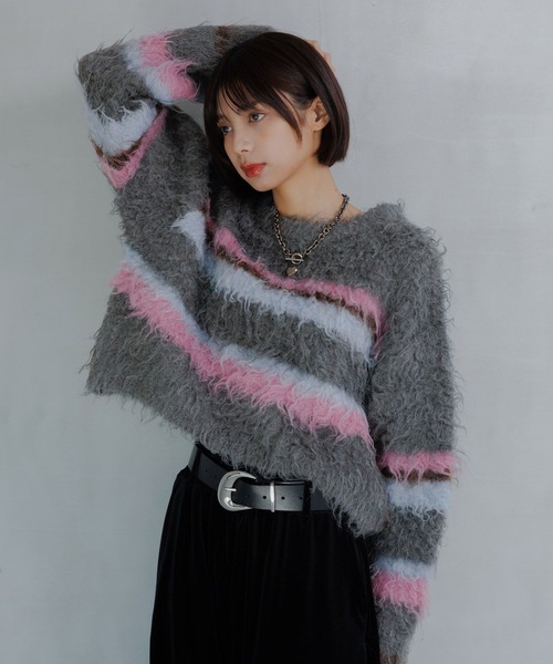 PAGEBOY（ページボーイ）の「シャギーマルチボーダーショートプルオーバー（ニット/セーター・レディース・グレー/ブラック/ブラウン・FREE）」の13枚目の写真