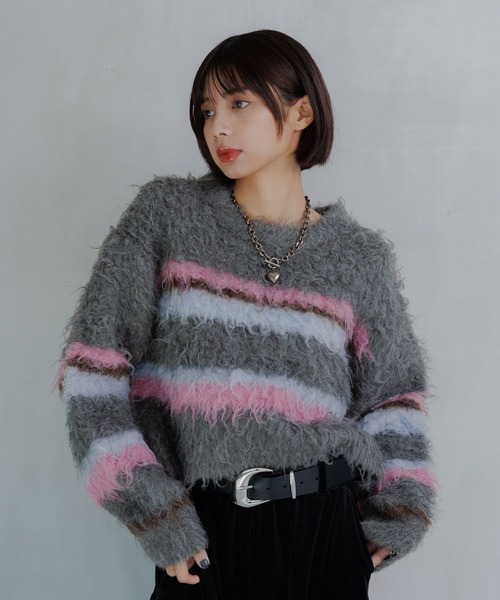 セール】シャギーマルチボーダーショートプルオーバー（ニット