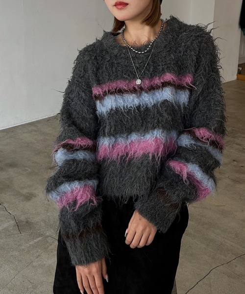 セール】シャギーマルチボーダーショートプルオーバー（ニット