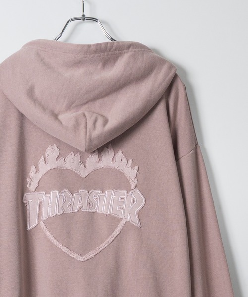 THRASHER（スラッシャー）の「【at】〔THRASHER/スラッシャー〕ダメージデニムアップリケ ピグメント ダブルジップショートパーカー（パーカー・メンズ・グレー/チャコールグレー/ブラウン/ピンク・FREE）」の4枚目の写真