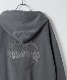 THRASHER（スラッシャー）の「【at】〔THRASHER スラッシャー〕ダメージデニムアップリケ ピグメント ダブルジップショートパーカー（パーカー）」