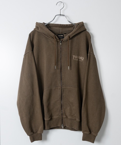 THRASHER（スラッシャー）の「【at】〔THRASHER/スラッシャー〕ダメージデニムアップリケ ピグメント ダブルジップショートパーカー（パーカー・メンズ・グレー/チャコールグレー/ブラウン/ピンク・FREE）」の16枚目の写真