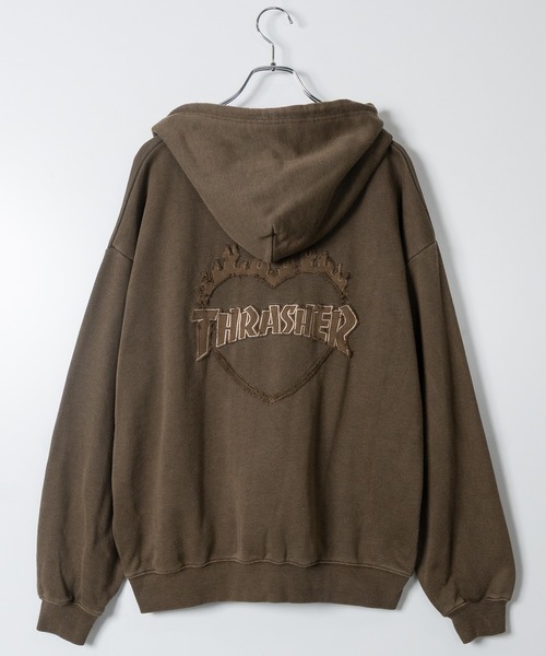 THRASHER（スラッシャー）の「【at】〔THRASHER/スラッシャー〕ダメージデニムアップリケ ピグメント ダブルジップショートパーカー（パーカー・メンズ・グレー/チャコールグレー/ブラウン/ピンク・FREE）」の17枚目の写真