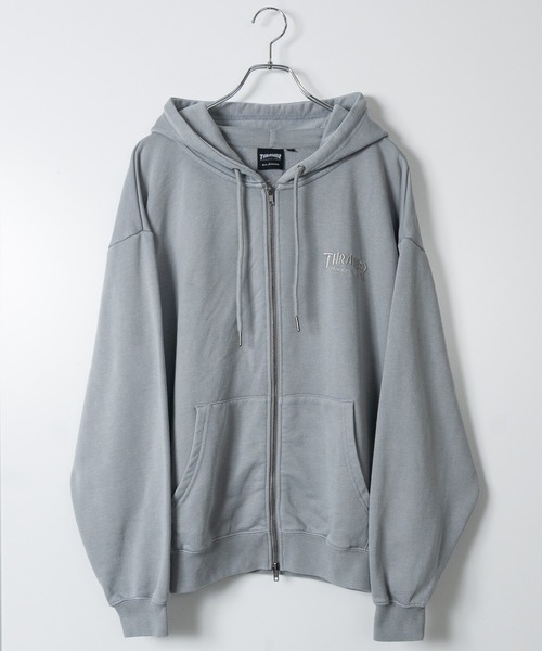 THRASHER（スラッシャー）の「【at】〔THRASHER/スラッシャー〕ダメージデニムアップリケ ピグメント ダブルジップショートパーカー（パーカー・メンズ・グレー/チャコールグレー/ブラウン/ピンク・FREE）」の14枚目の写真