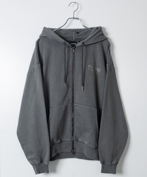 THRASHER（スラッシャー）の「【at】〔THRASHER/スラッシャー〕ダメージデニムアップリケ ピグメント ダブルジップショートパーカー（パーカー・メンズ・グレー/チャコールグレー/ブラウン/ピンク・FREE）」の12枚目の写真