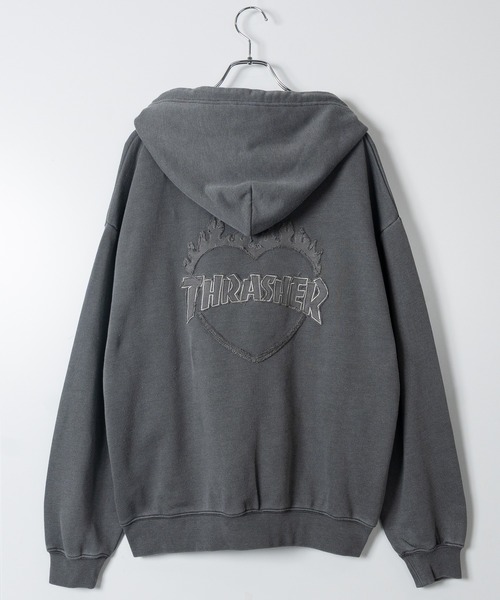 THRASHER（スラッシャー）の「【at】〔THRASHER/スラッシャー〕ダメージデニムアップリケ ピグメント ダブルジップショートパーカー（パーカー・メンズ・グレー/チャコールグレー/ブラウン/ピンク・FREE）」の13枚目の写真