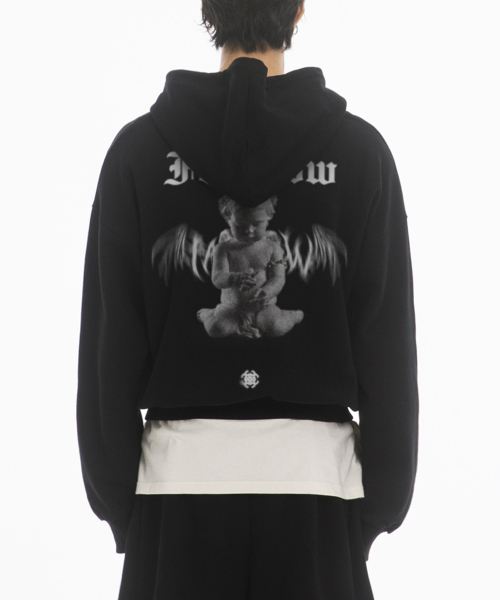 DEMONIC ANGEL OVER FIT FLEECE-LINED HOODED ZIPUP - BLACK