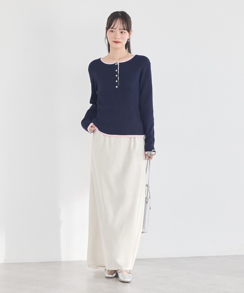 earth music&ecology（アースミュージックアンドエコロジー）の「【2026SS】バイカラーヘンリーネックニットプルオーバー（ニット/セーター・レディース・ライトイエロー/サックスブルー/グレー/ネイビー・FREE）」の12枚目の写真