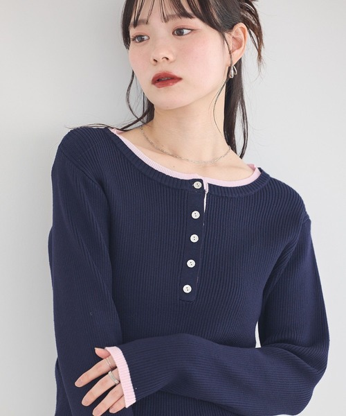 earth music&ecology（アースミュージックアンドエコロジー）の「【2026SS】バイカラーヘンリーネックニットプルオーバー（ニット/セーター・レディース・ライトイエロー/サックスブルー/グレー/ネイビー・FREE）」の16枚目の写真