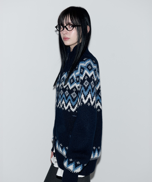 NORDIC JACQUARD TWOWAY ZIP-UP KNIT NAVY（カーディガン/ボレロ