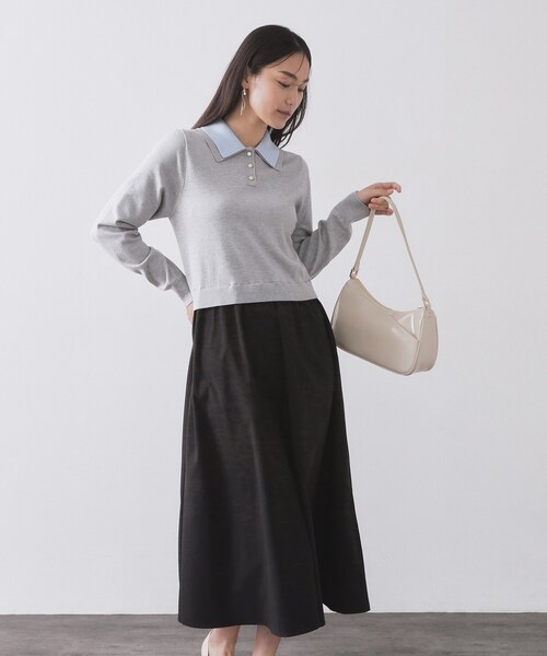 OPAQUE.CLIP(オペークドットクリップ)の「ダブルポロ衿ニットドッキングワンピース【洗濯機OK】(ワンピース・レディース・ネイビー系4/グレー系4・40/38)」の1枚目の写真