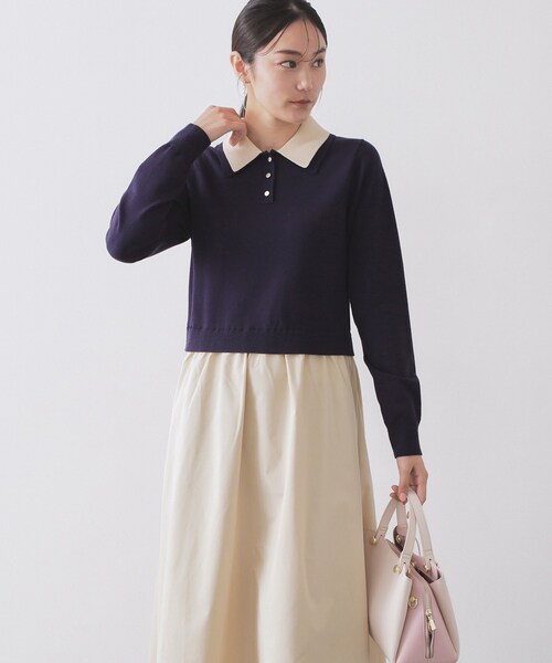 OPAQUE.CLIP(オペークドットクリップ)の「ダブルポロ衿ニットドッキングワンピース【洗濯機OK】(ワンピース・レディース・ネイビー系4/グレー系4・40/38)」の2枚目の写真