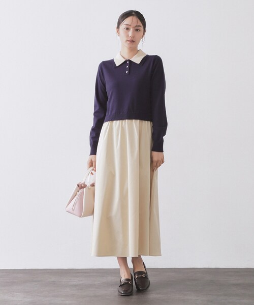 OPAQUE.CLIP(オペークドットクリップ)の「ダブルポロ衿ニットドッキングワンピース【洗濯機OK】(ワンピース・レディース・ネイビー系4/グレー系4・40/38)」の9枚目の写真