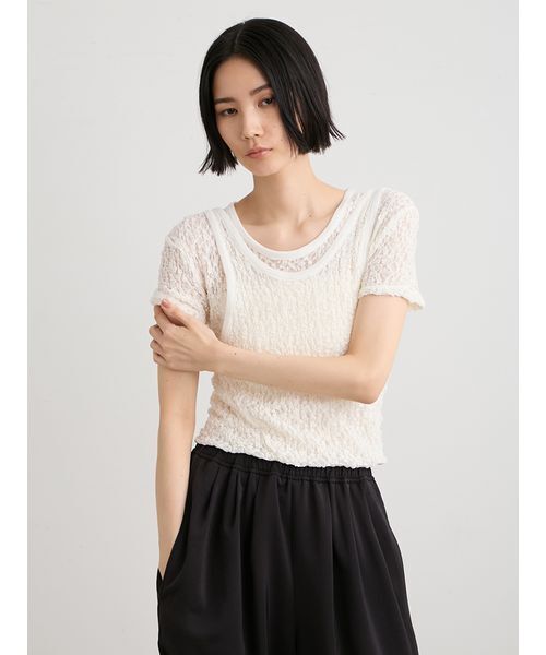 MIESROHE(ミースロエ)の「【洗える】レースツイストレイヤードTシャツ(Tシャツ/カットソー・レディース・ブラック/ホワイト・F)」の7枚目の写真