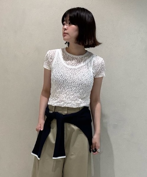 MIESROHE(ミースロエ)の「【洗える】レースツイストレイヤードTシャツ(Tシャツ/カットソー・レディース・ブラック/ホワイト・F)」の1枚目の写真