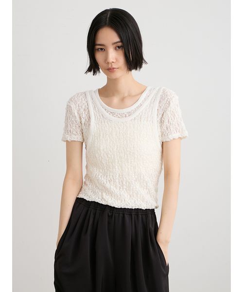 MIESROHE(ミースロエ)の「【洗える】レースツイストレイヤードTシャツ(Tシャツ/カットソー・レディース・ブラック/ホワイト・F)」の6枚目の写真