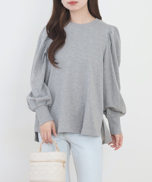 atONE(アットワン)の「ミニ裏毛 パフスリーブ長袖カットソー(Tシャツ/カットソー・レディース・杢グレー・4L~5L)」の1枚目の写真