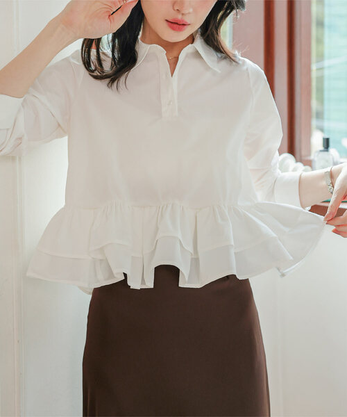 KOBE LETTUCE（コウベレタス）の「フリルデザイン長袖ブラウス（シャツ/ブラウス・レディース・ミント/ネイビー/ホワイト/ピンク・M）」の2枚目の写真