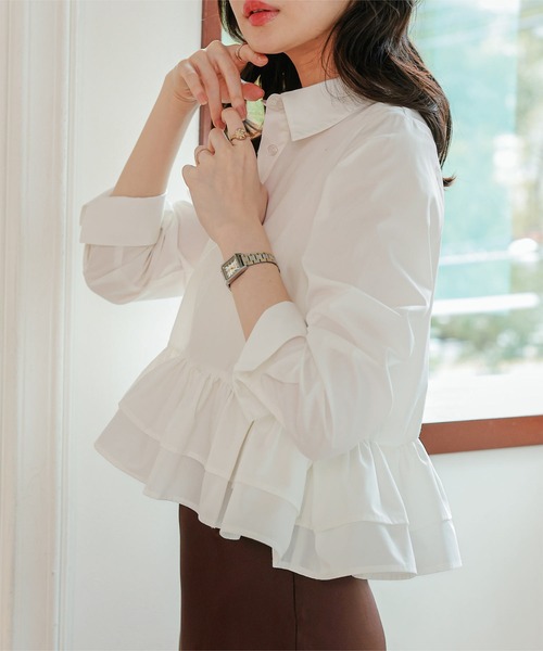 KOBE LETTUCE（コウベレタス）の「フリルデザイン長袖ブラウス（シャツ/ブラウス・レディース・ミント/ネイビー/ホワイト/ピンク・M）」の11枚目の写真