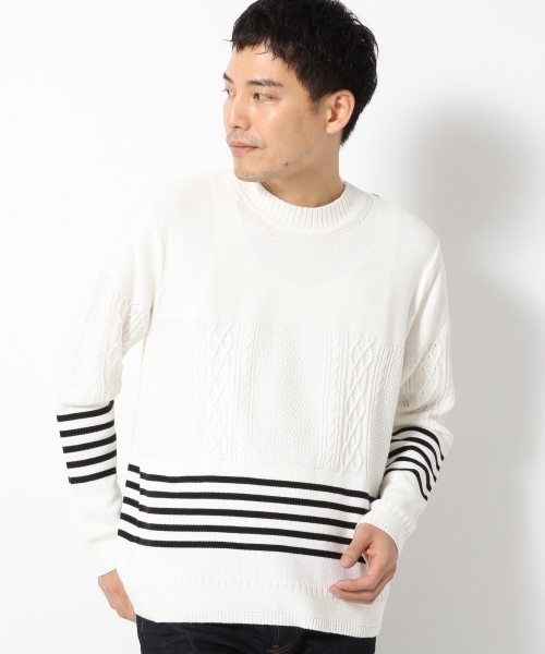 GLOBAL WORK(グローバルワーク)の「【WEB限定価格】7ゲージケーブルストラクチャープルオーバー/707935(ニット/セーター・メンズ・ホワイト/ネイビー・LARGE/SMALL/X-LARGE/MEDIUM)」の2枚目の写真