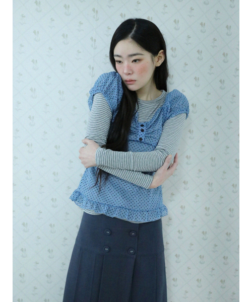 DOT SHIRRING BLOUSE(BLUE)