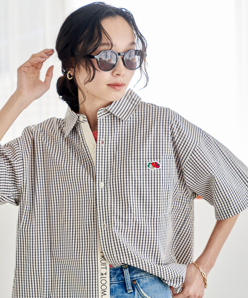 FREAK'S STORE(フリークスストア)の「FRUIT OF THE LOOM × FREAK'S STORE/フルーツオブザルーム 別注 マルチストライプ半袖ショートシャツ(シャツ/ブラウス・レディース・サックスブルー/ブラック/ターコイズブルー/グレー/パープル/オレンジ/グリーン/コーラルピンク・フリ-)」の13枚目の写真