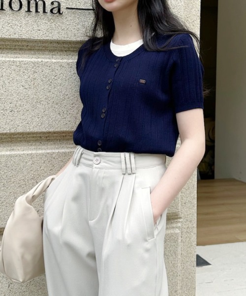 Ada.(エイダ)の「リブ編み レイヤード クルーネック フロントボタン 半袖 ニット(ニット/セーター・レディース・ブルー/グレー/ネイビー・FREE)」の8枚目の写真