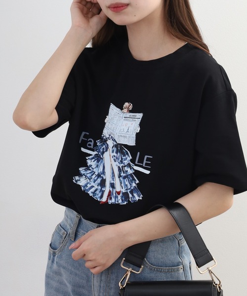 EGLANTINE(エグランティーヌ)の「EGLANTINE ビジュー付きイラストプリント半袖Tシャツ(Tシャツ/カットソー・レディース・ブラック/オフホワイト・38)」の12枚目の写真