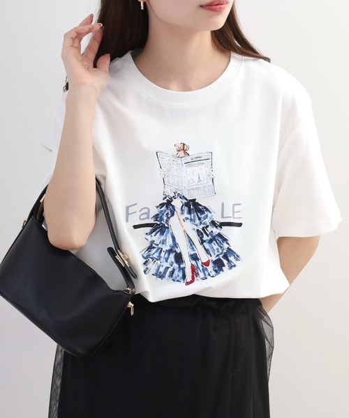 EGLANTINE(エグランティーヌ)の「EGLANTINE ビジュー付きイラストプリント半袖Tシャツ(Tシャツ/カットソー・レディース・ブラック/オフホワイト・38)」の5枚目の写真