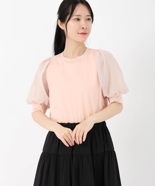 STRAWBERRY-FIELDS(ストロベリーフィールズ)の「トルファン天竺_シアーパフスリーブ(Tシャツ/カットソー・レディース・ブラック/オフホワイト/ピンク・2)」の3枚目の写真